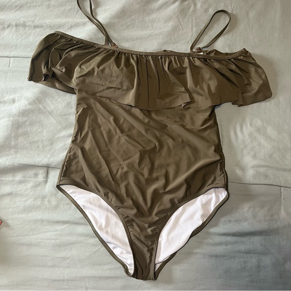 Funny Girl Flouncy Of The Shoulder Swimsuit Olive Green Size XL - Picture 5 of 5